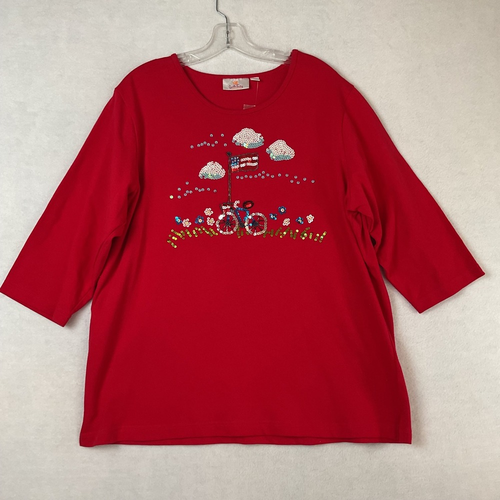 Quacker Factory XL Red Sequin Bicycle American Flag 3/4 Sleeve Cotton Top